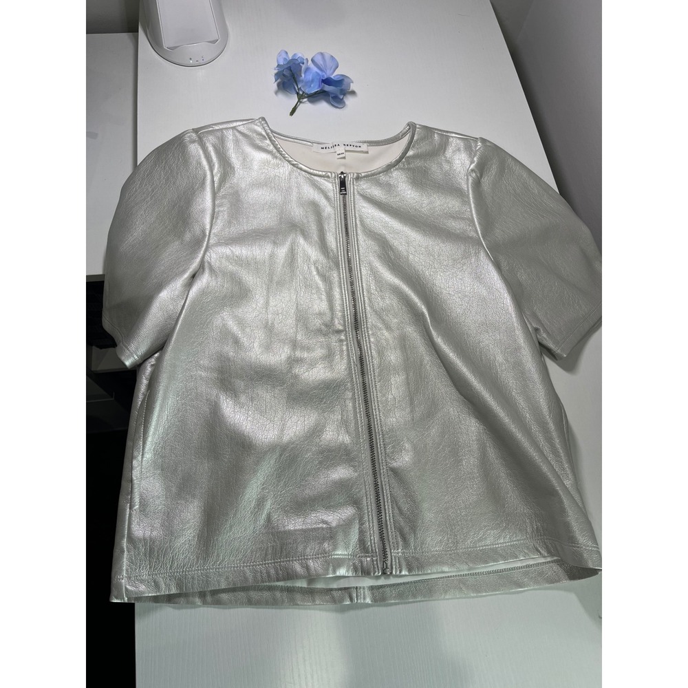Melissa Nepton Houston Metallic Silver Faux Leather Zip Puff Sleeve Top XS W6301